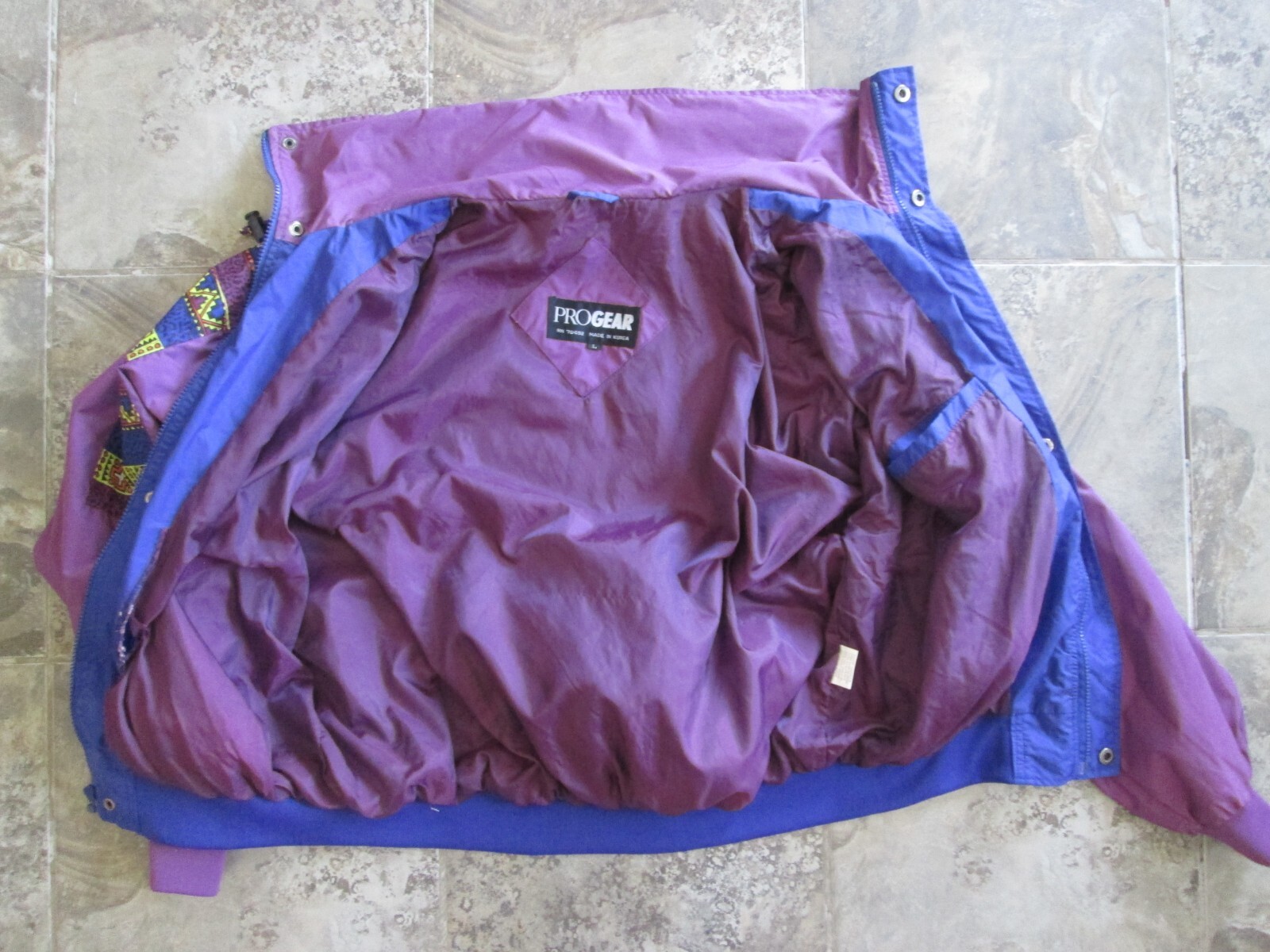 Vintage Pro Gear Nylon Jacket Women&rsquo;s Large Color Block Purple Neon Hooded Korea