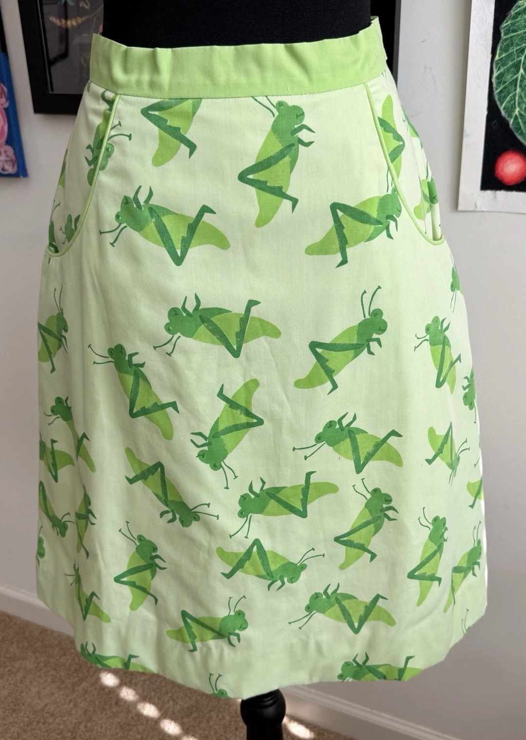 The Vested Gentress Skirt S/M Green Grasshopper Print Hand Screened Vintage