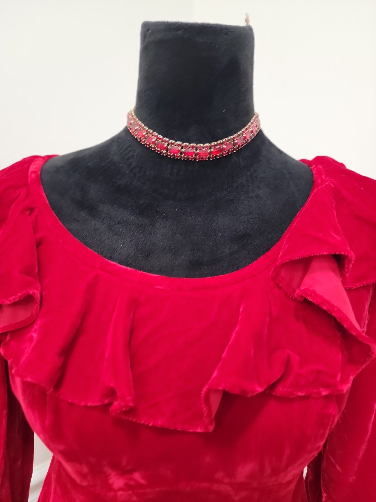 Vintage 60s Red Velvet Maxi Dress Empire Waist Ruffle Holiday Formal Gown S/