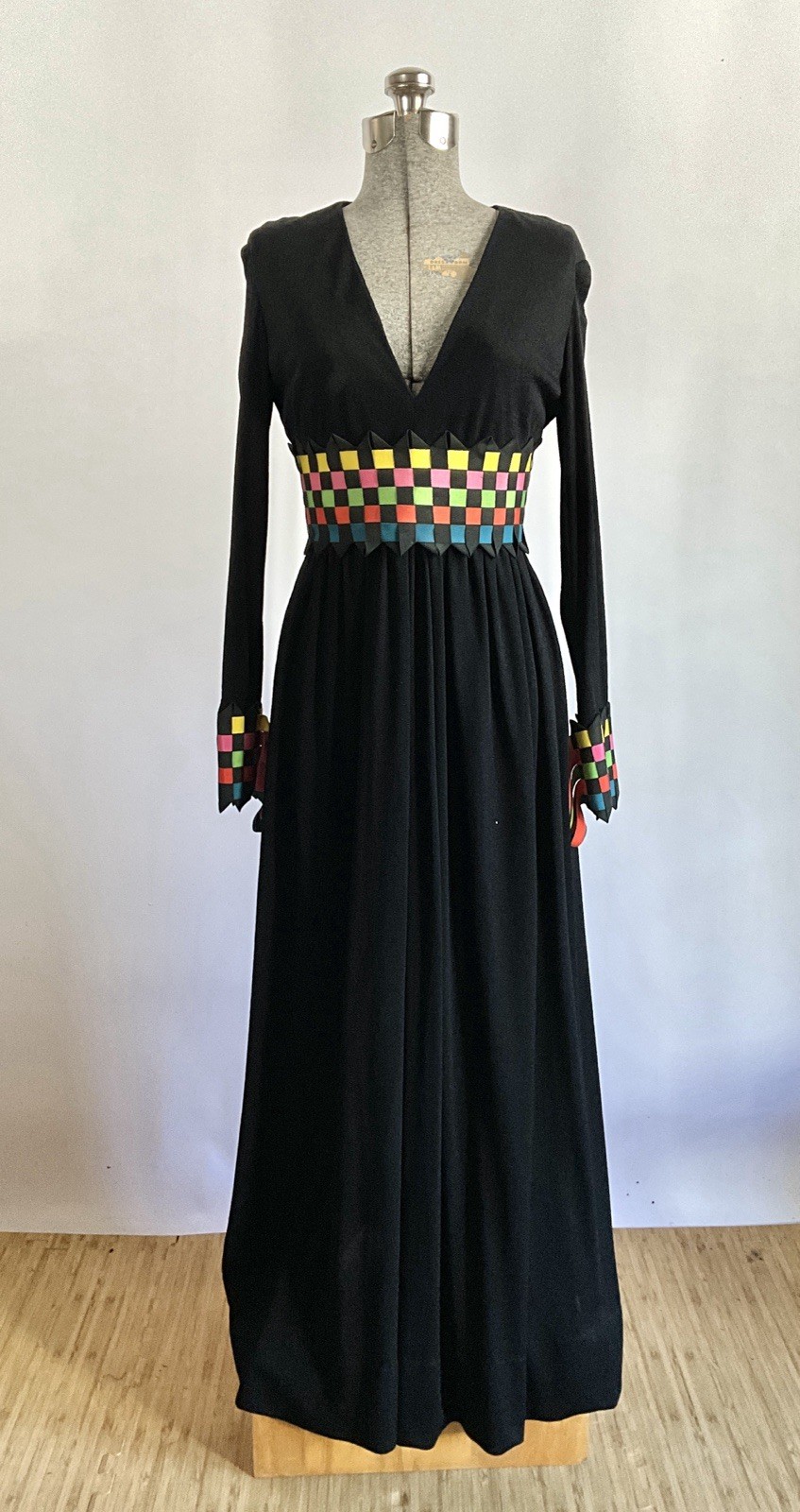 Vintage 1970&rsquo;s Donald Brooks Black Matte Crepe Gown with Woven Rainbow Details
