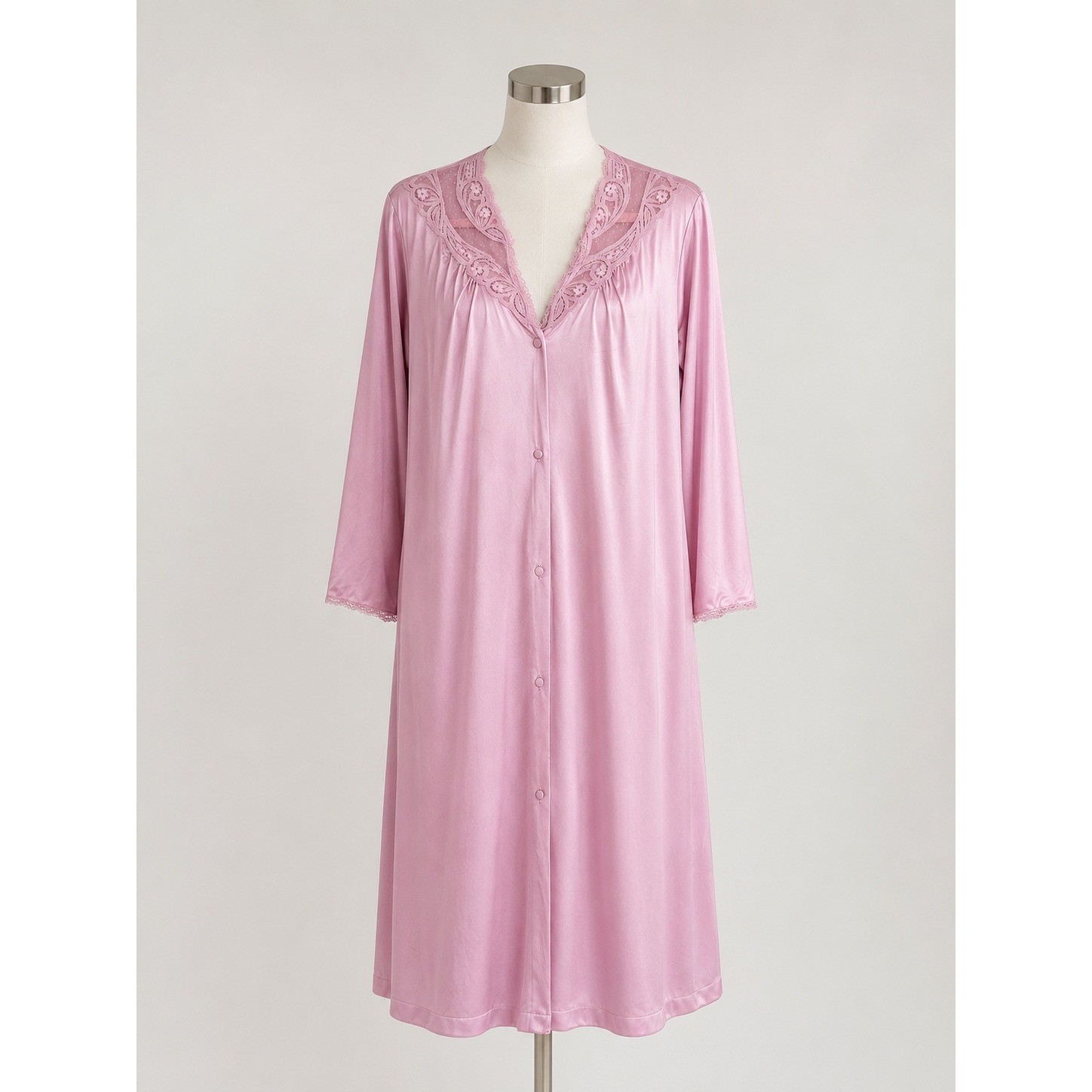 Vanity Fair Nightgown Womens Mauve Pink Vintage Lace Button Sleepwear USA Made