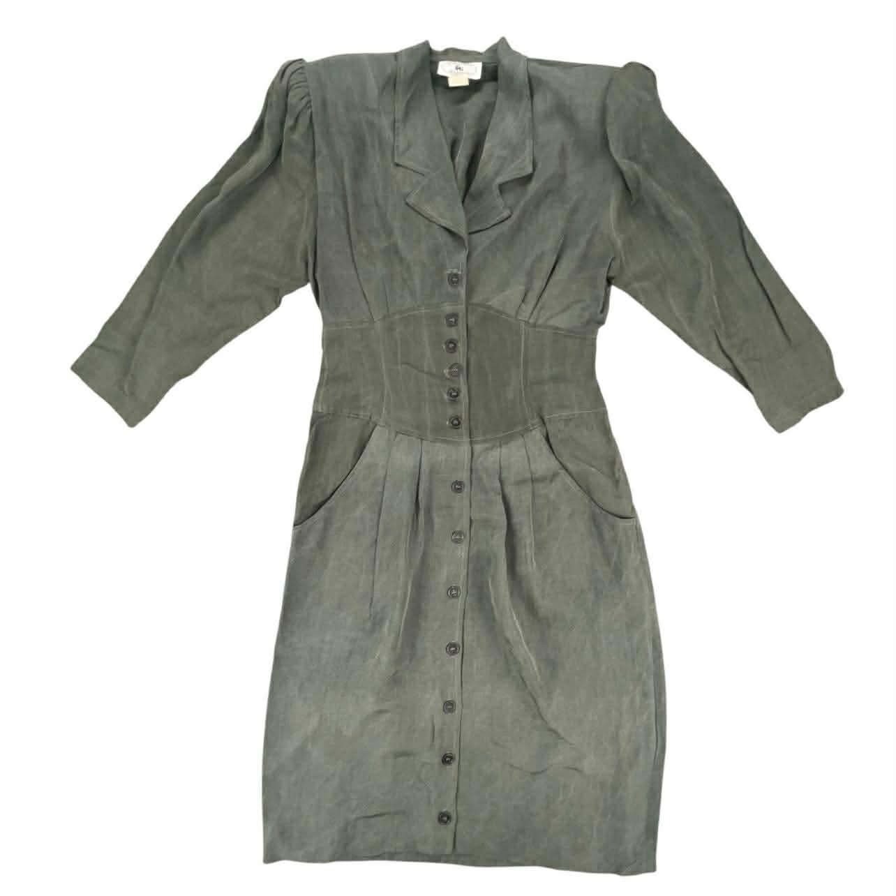 Vintage Jonathan Martin Olive Green Button Front Corset Waist Puffy Sleeve Dress