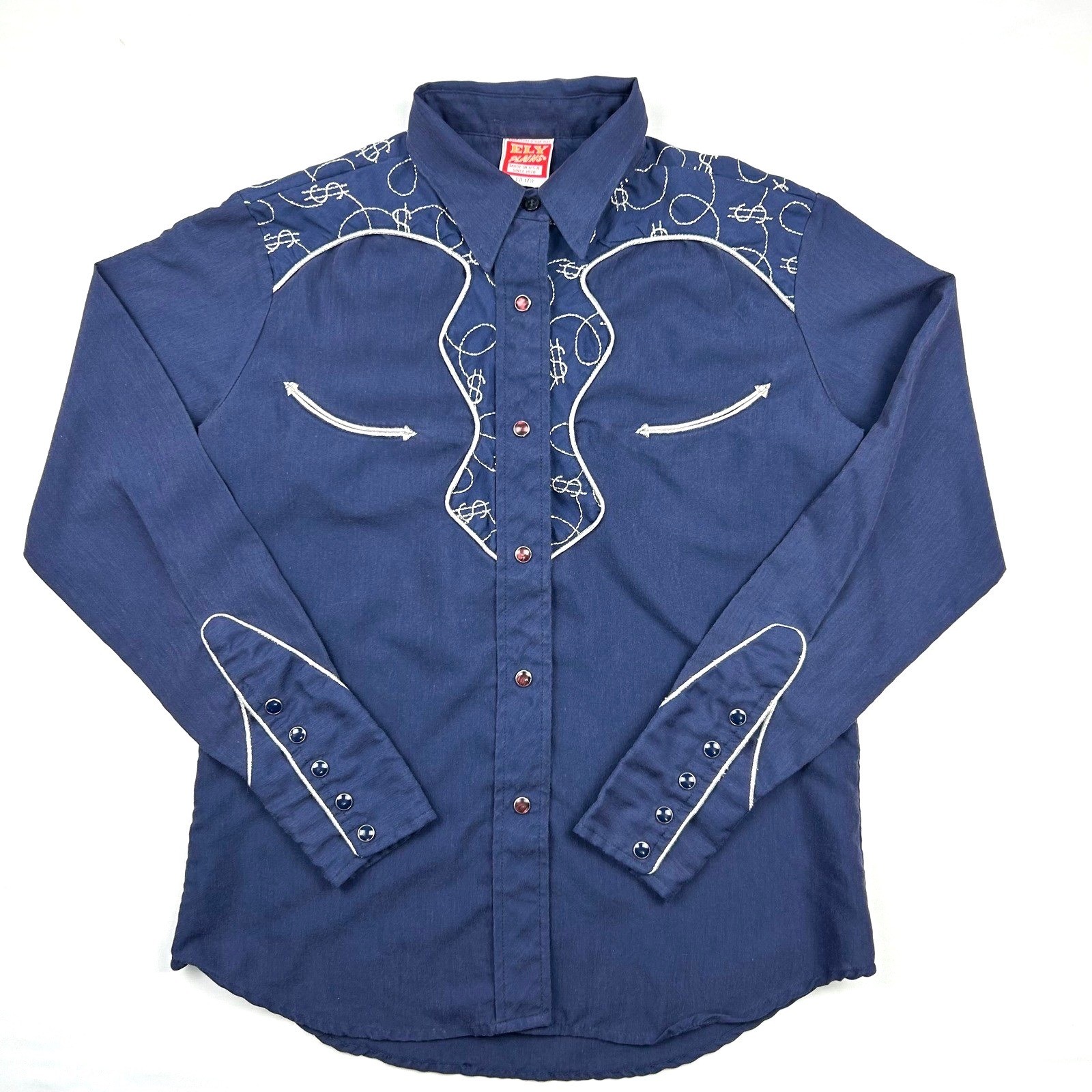 Ely Plains Vintage Navy Western Shirt Dollar Sign Embroidery 70s Women Size 9/10