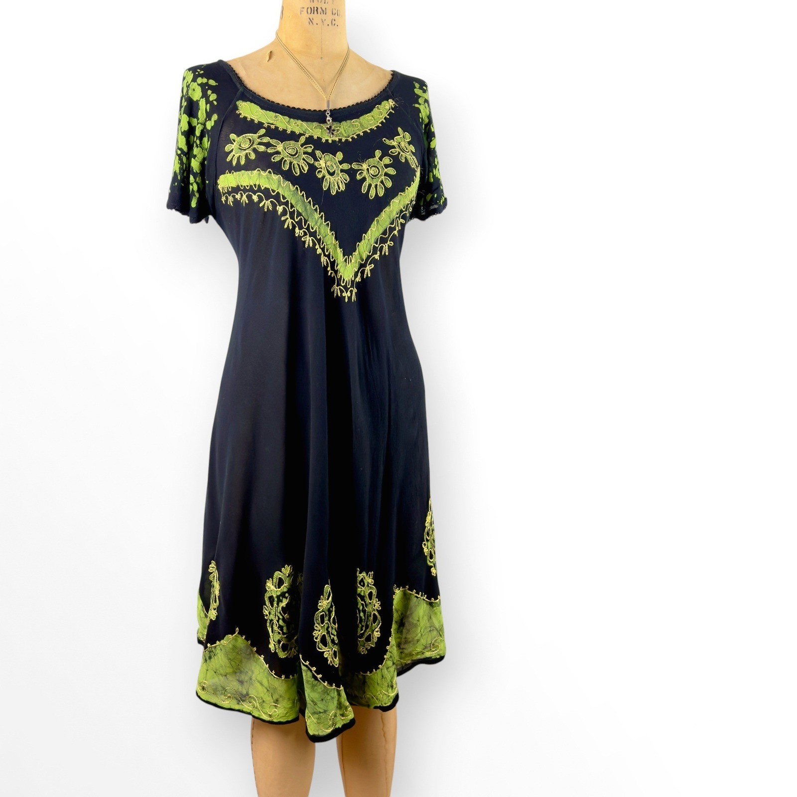 90s Embroidered Batik Midi Dress Umbrella Hem Cap Sleeve Rayon Hippie S M L XL