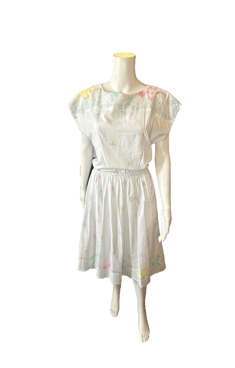 Vtg 80s Spring summer midi a-line dress white pastel floral waist up to 32&Prime; Med