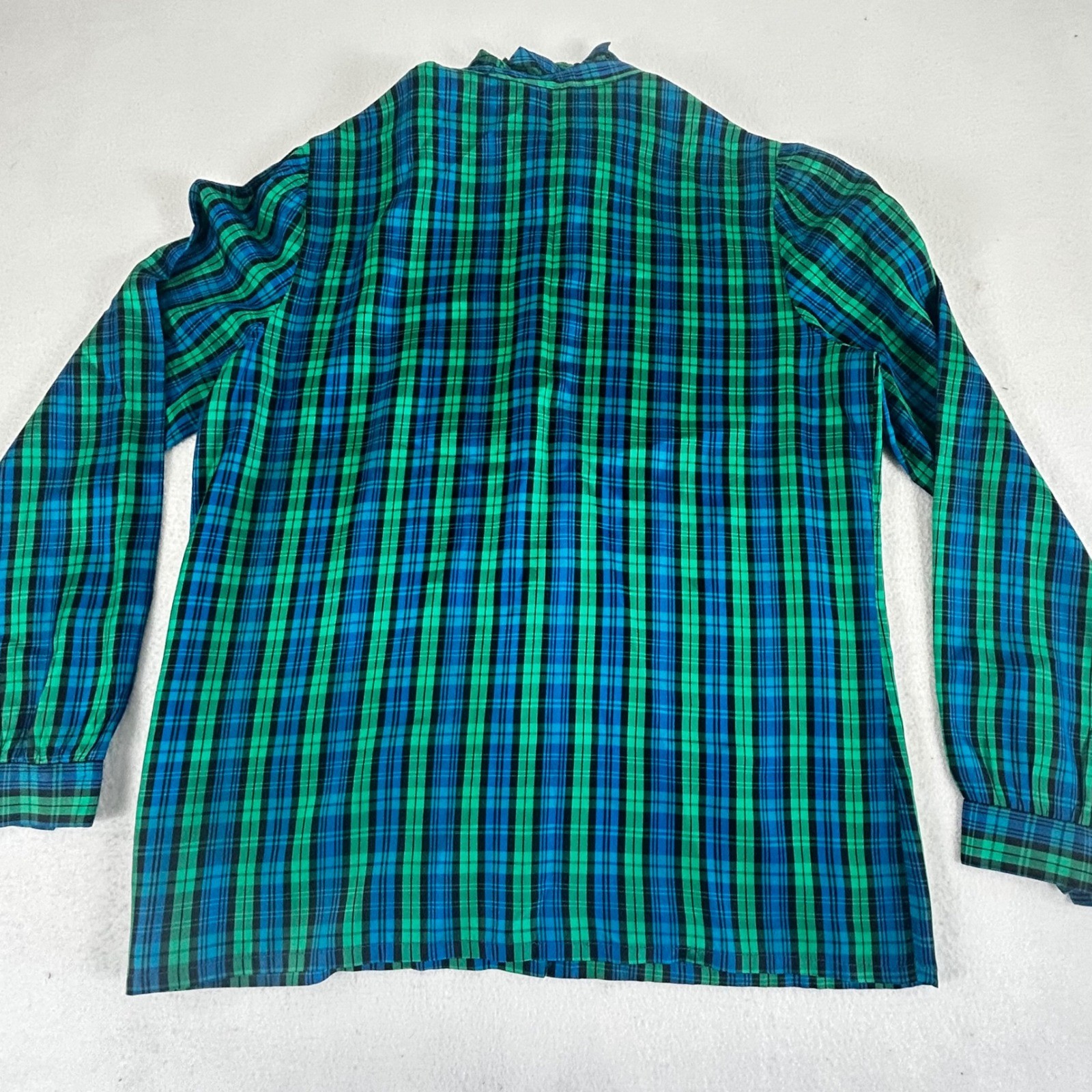 Vintage JCPenney Fashions Plaid Blouse Green Blue Ruffle Neck ILGWU USA 13/14