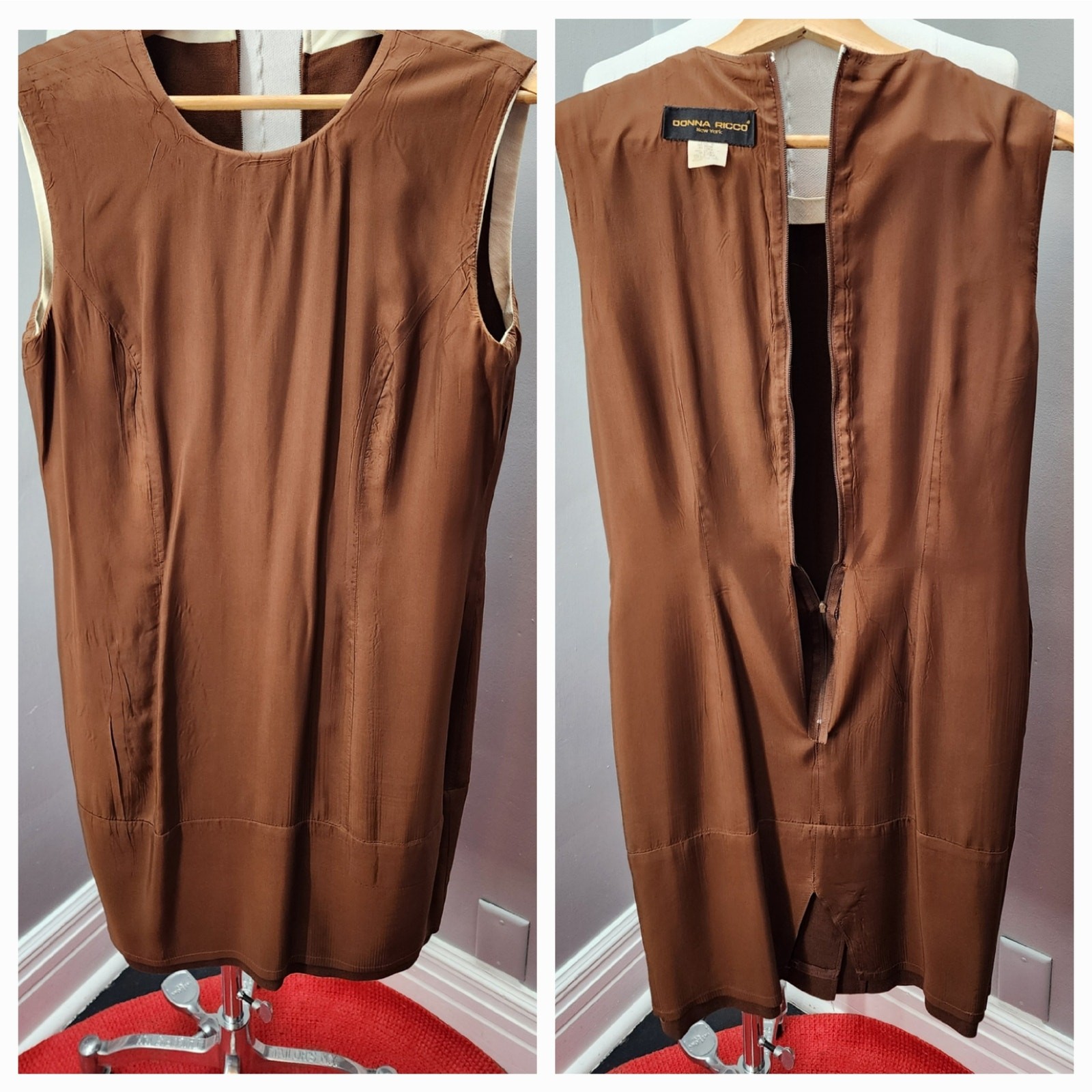 80s Donna Ricco Brown Cream Mod Sheath Dress Sleeveless – S