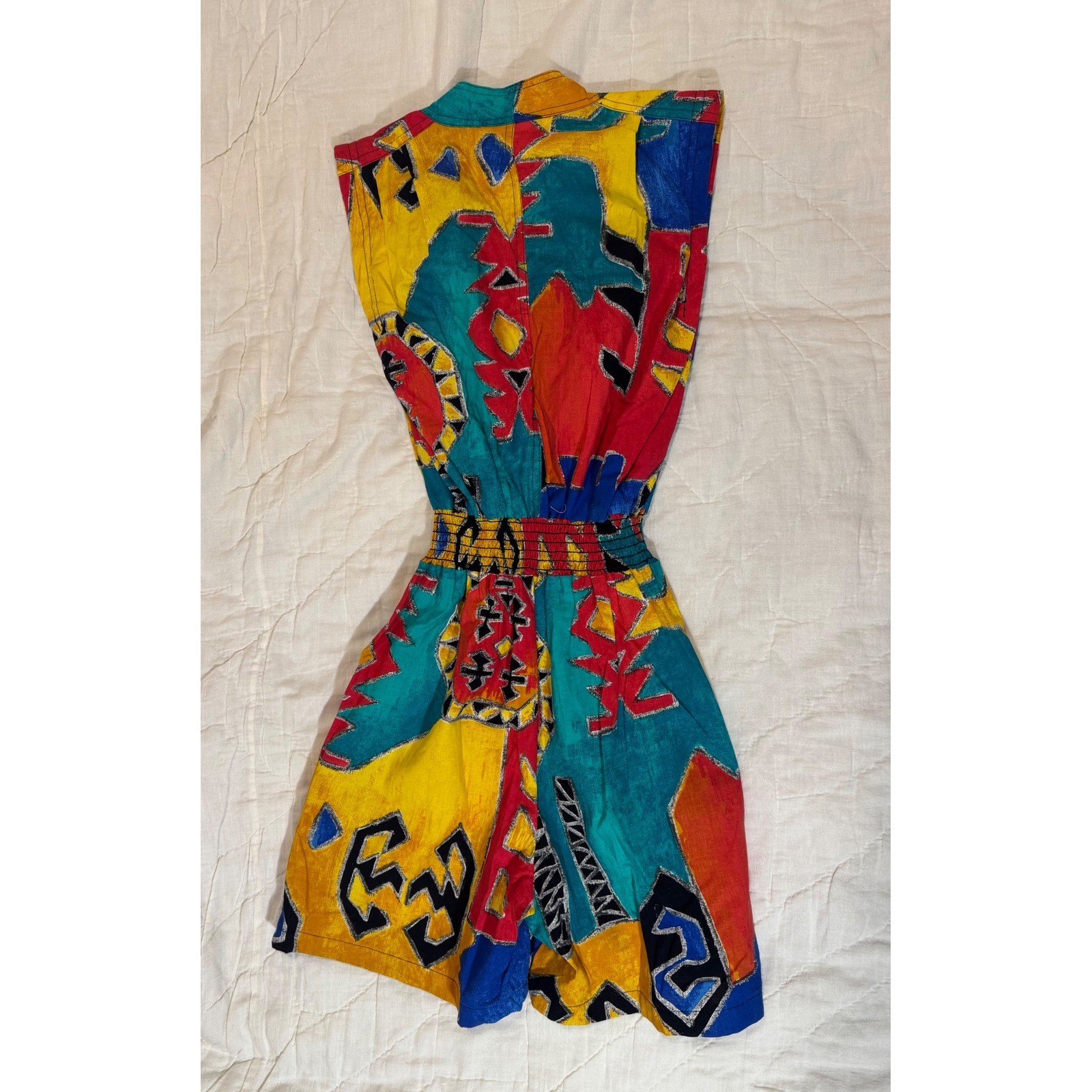 Vintage d.Frank 80s Geometric Primary Color Button Front Cotton Romper Size 8