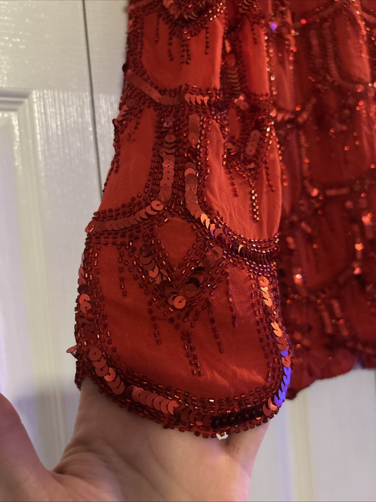 Vintage Niteline Silk Red Blouse Beaded Sequin Medium Christmas Holiday Party