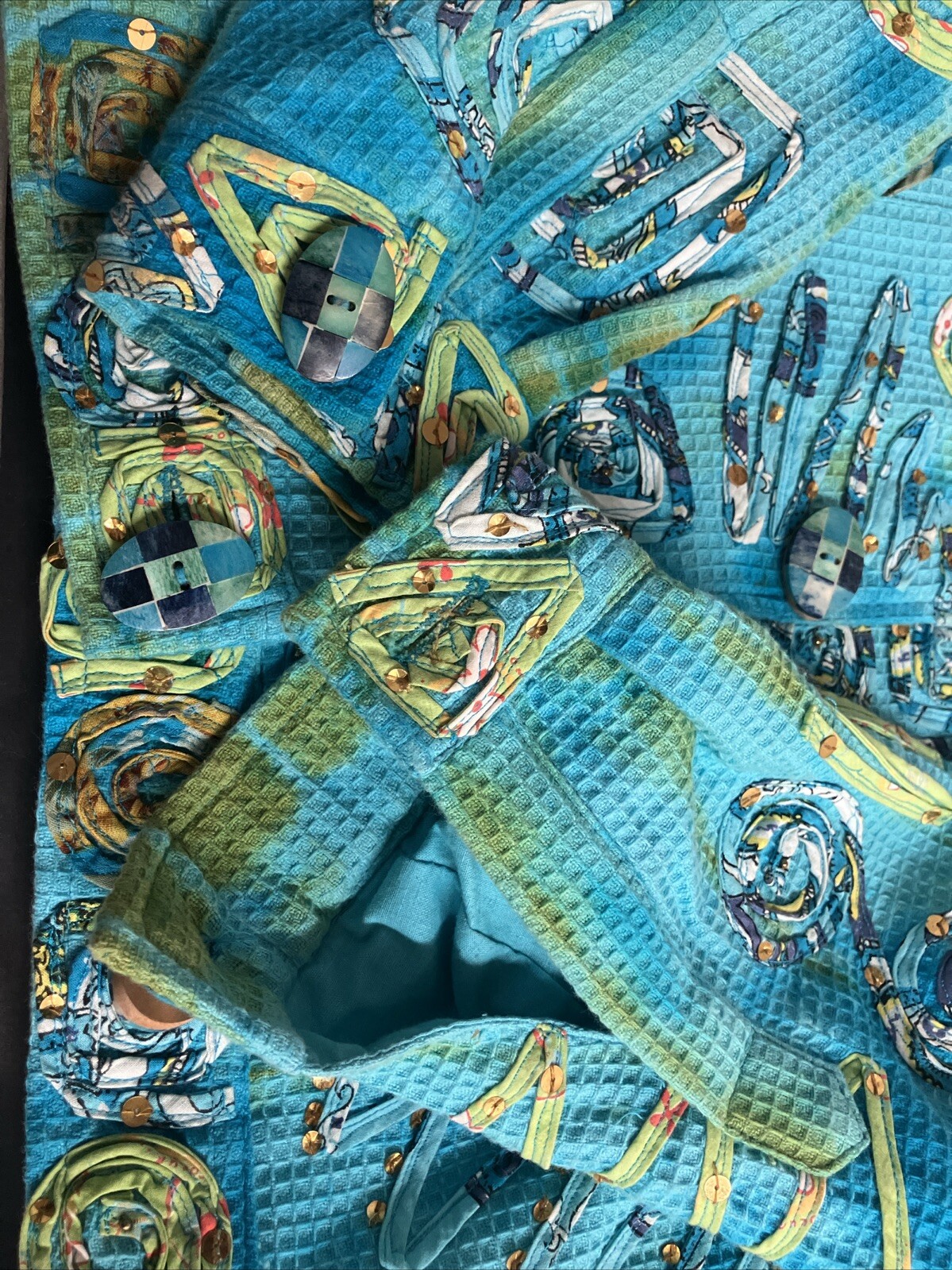 Vintage 90s Turquois Jacket Patchwork Bedazzle Retro CARRIE ALLEN Size Small