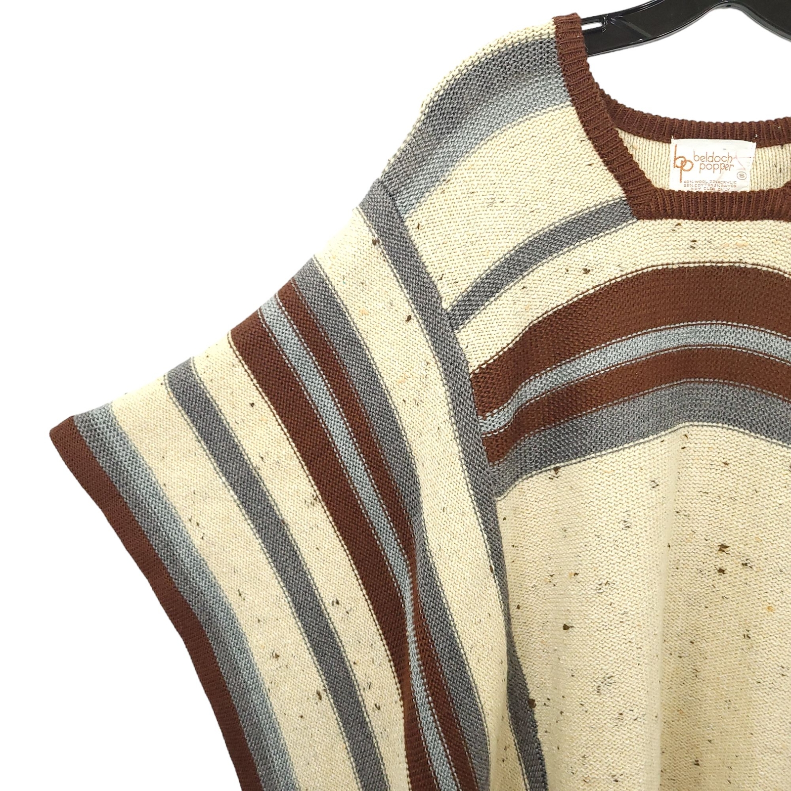 Beldoch Popper Wool Blend Poncho S Shawl Cape Striped Beige Blue Gray Vintage