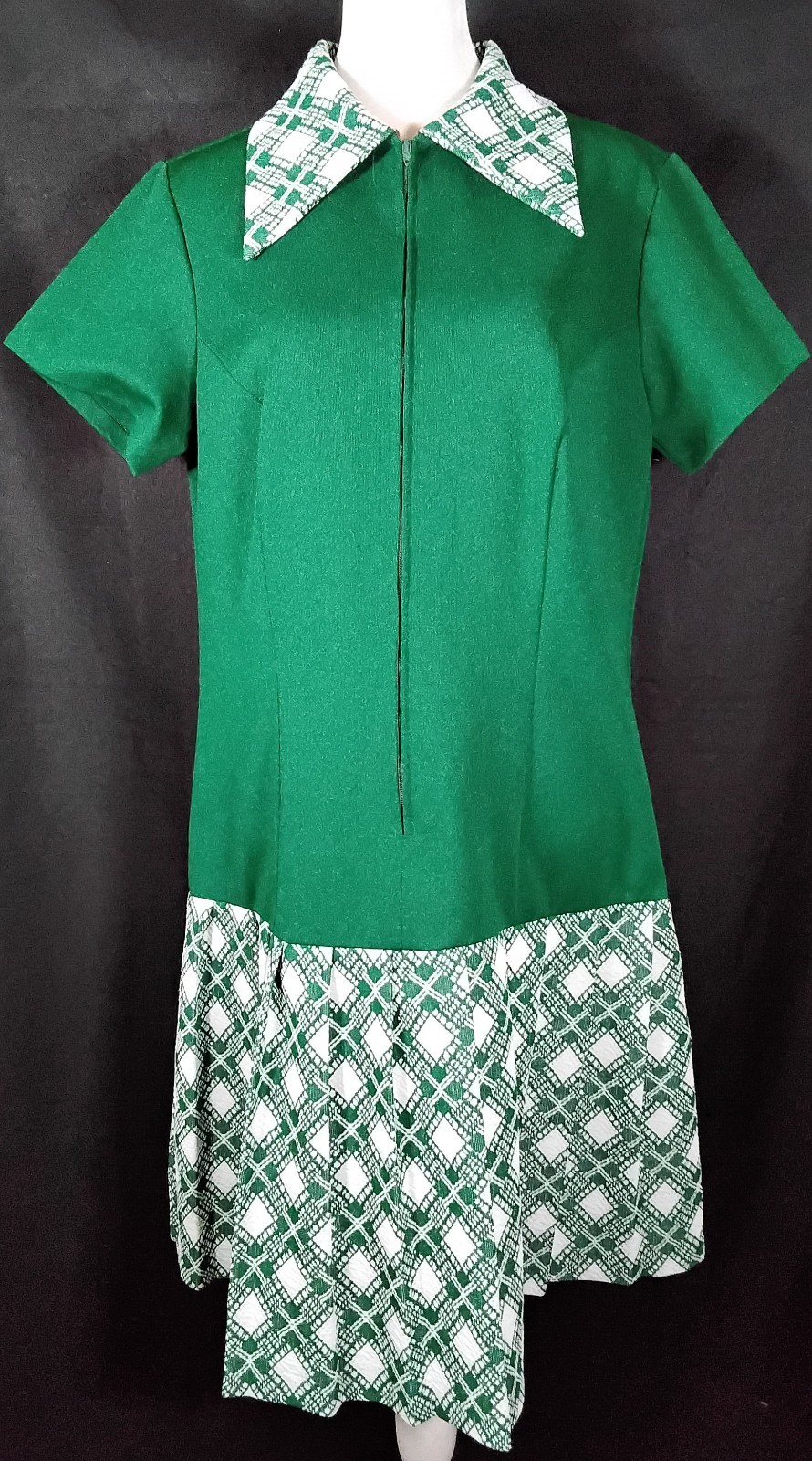 Vtg 1960s-1970s Forest Green Drop-waist Dress Pleated Skirt Sz 18 Union Label