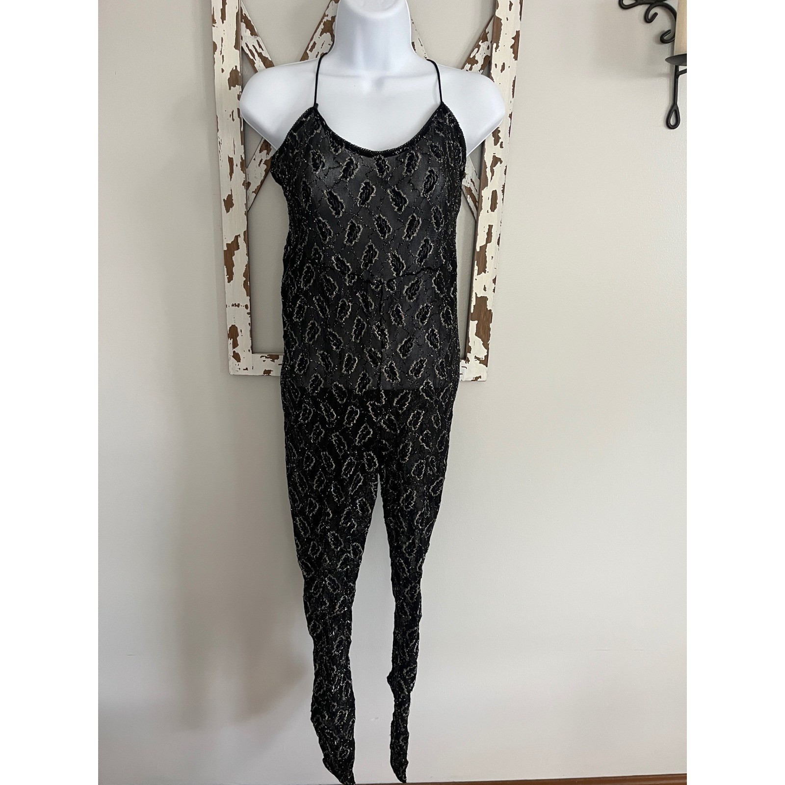 Vtg Frederick&rsquo;s of Hollywood sheer black lace jumpsuit spaghetti straps Sz Large