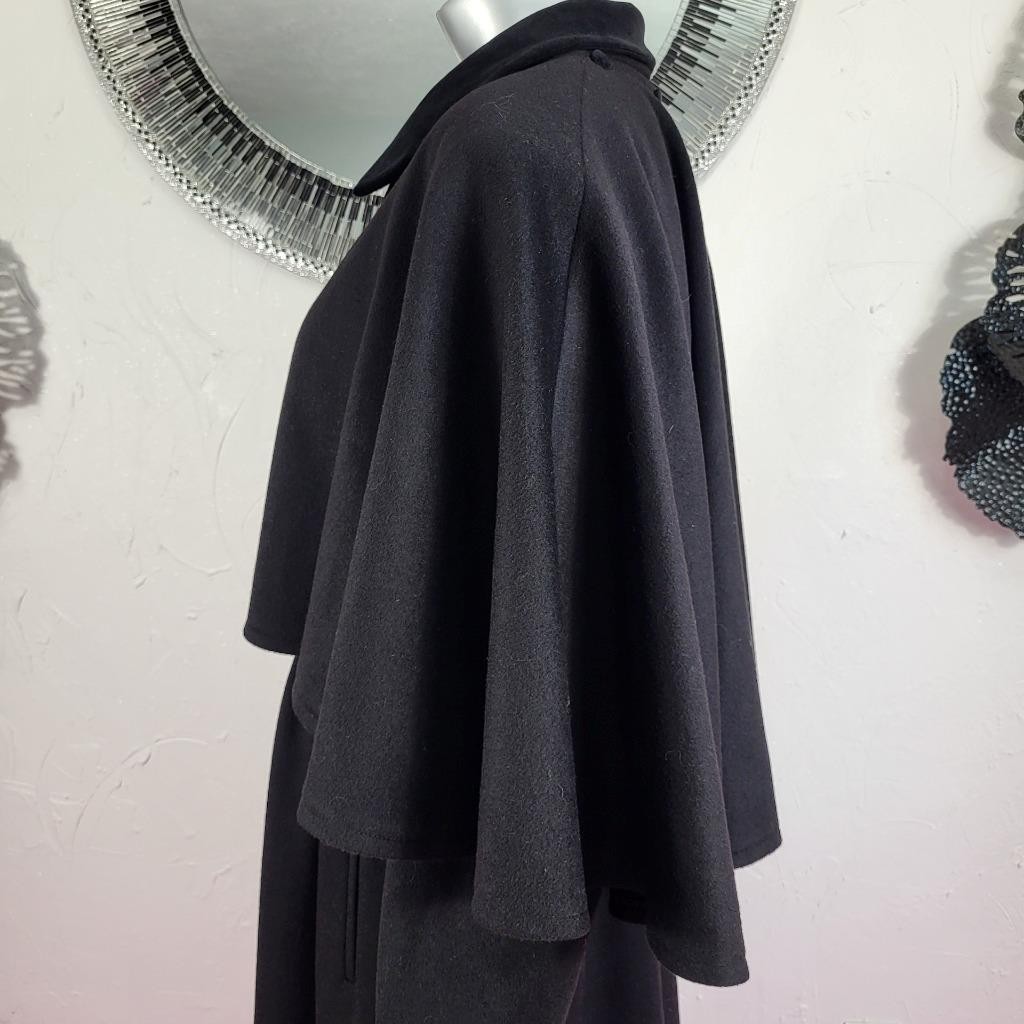 CLAUTE COUTURE~38/S/M~VINTAGE BLACK WOOL VELVET FULL LENGTH CAPE COAT TRENCH