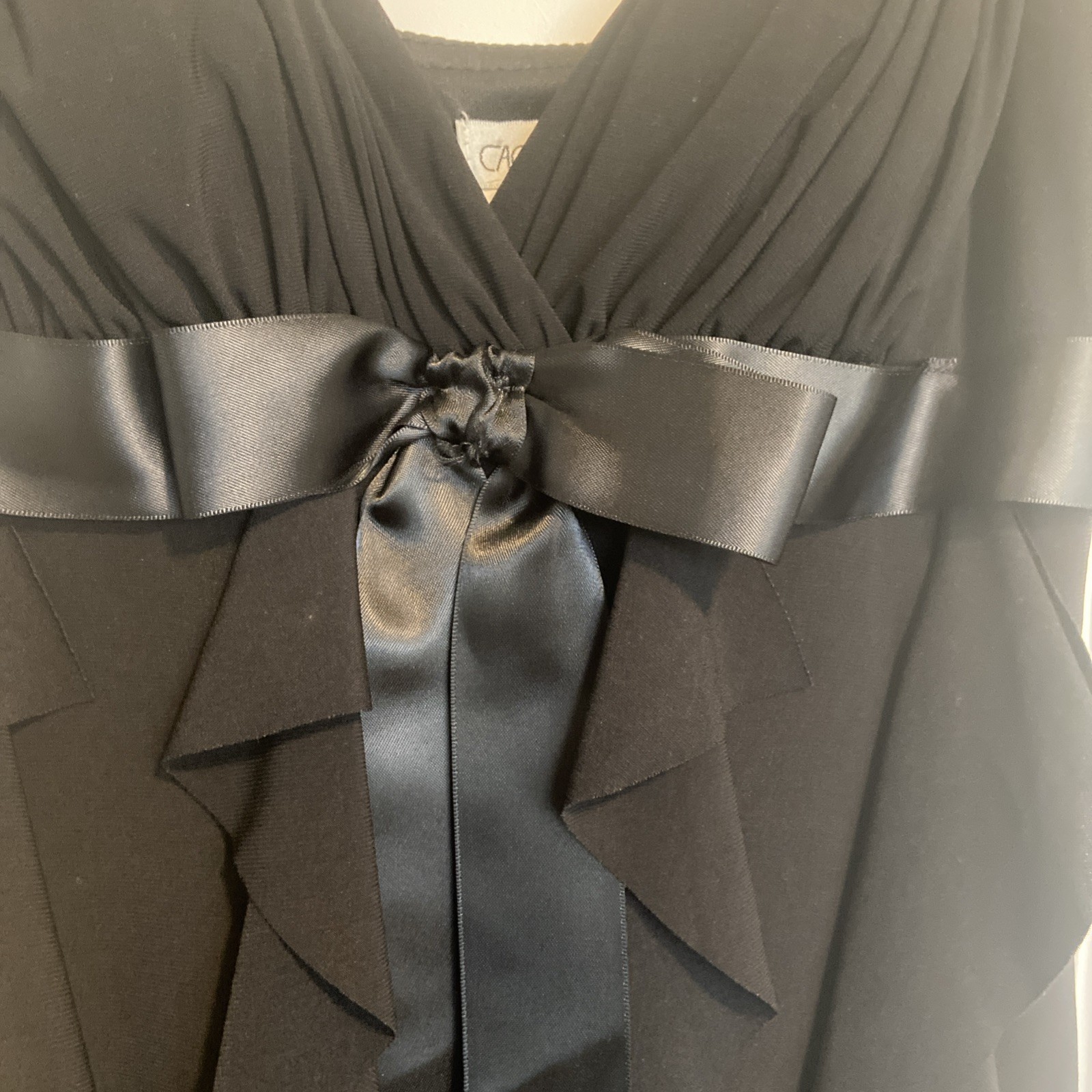 Vintage 90s Cache Black Ruffle Bow Ruched Formal Cocktail Mini Dress 6