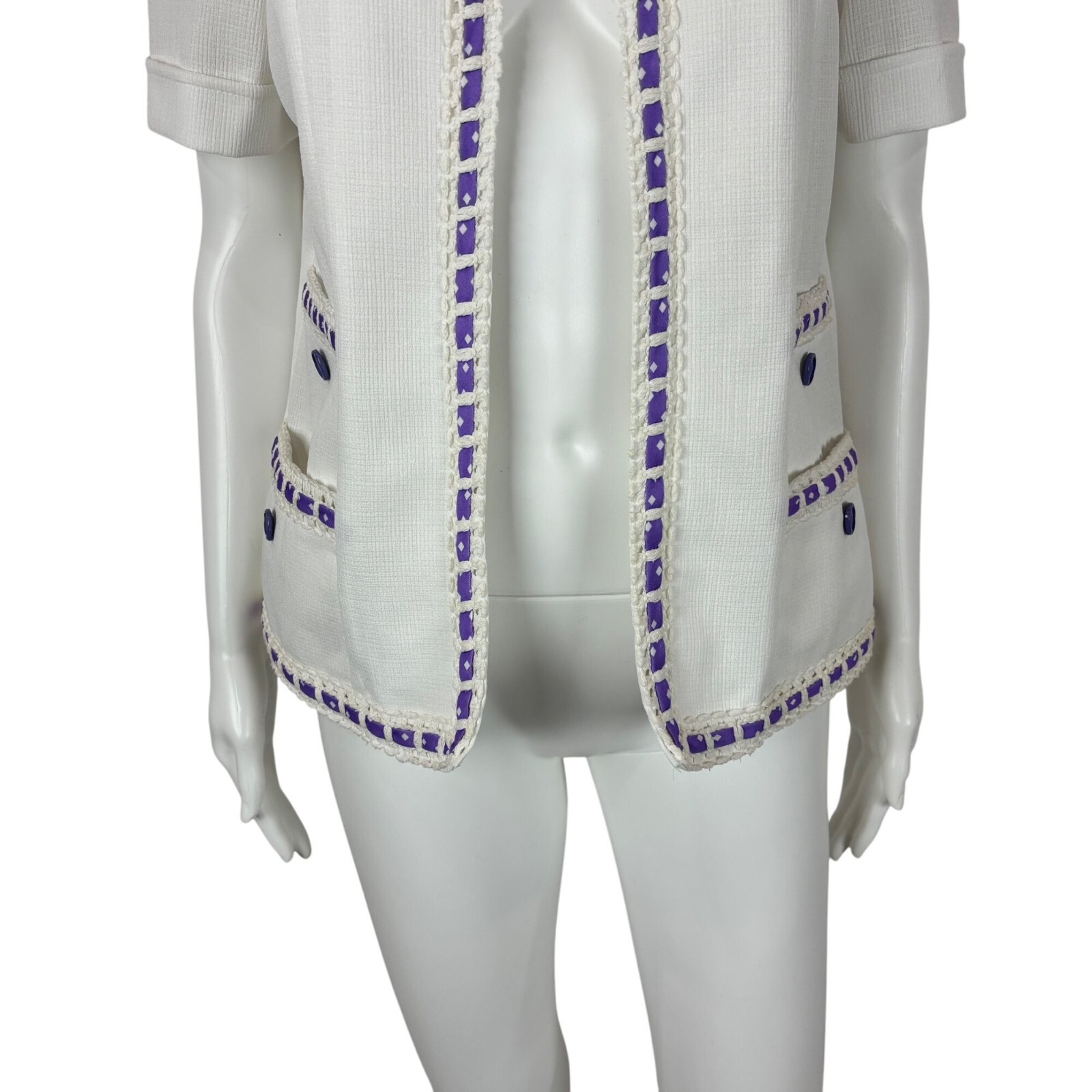 Vintage 70s Open Top Women&rsquo;s Large Lavender White Diamond Print Cardigan