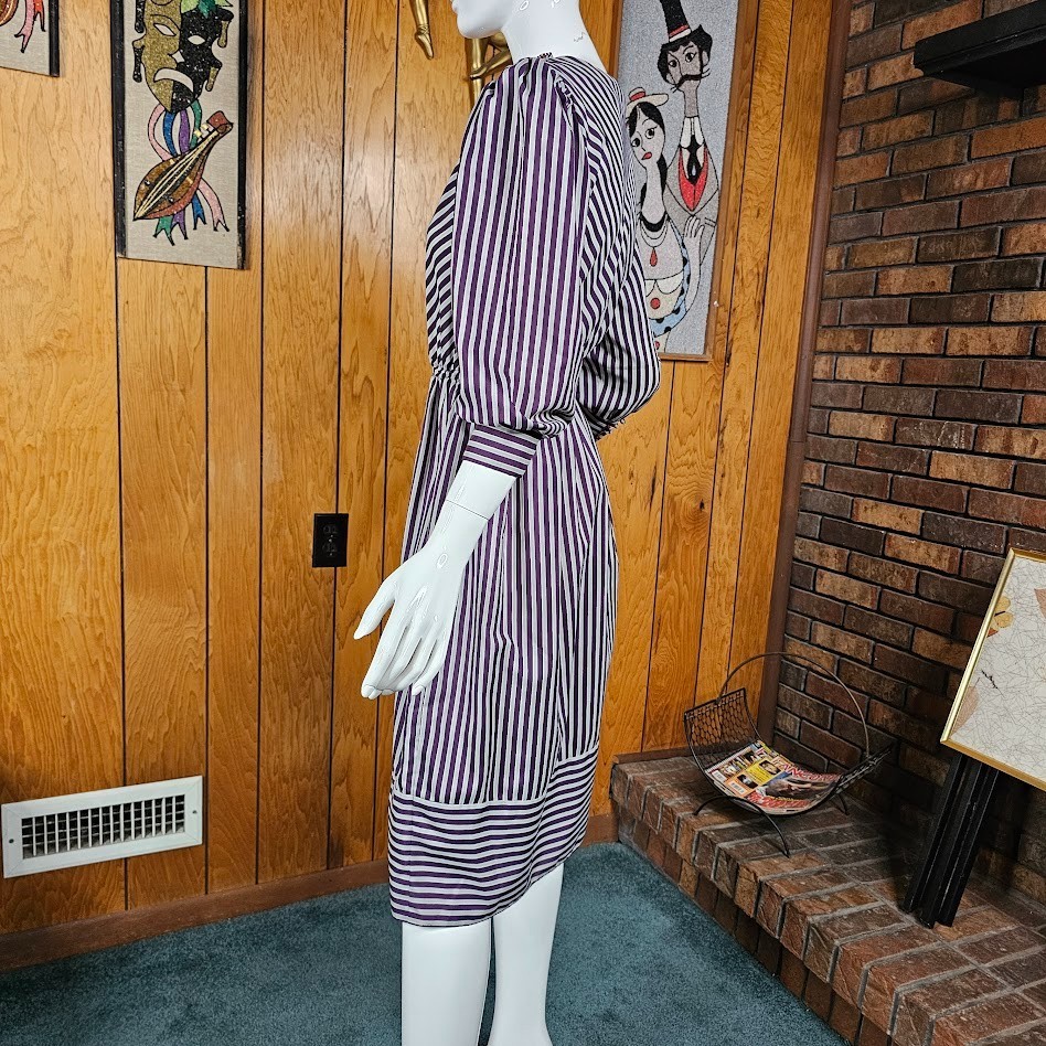 Vintage 80s Contrast Stripe Puff Balloon Sleeve Secretary Office Day Dress XS/S