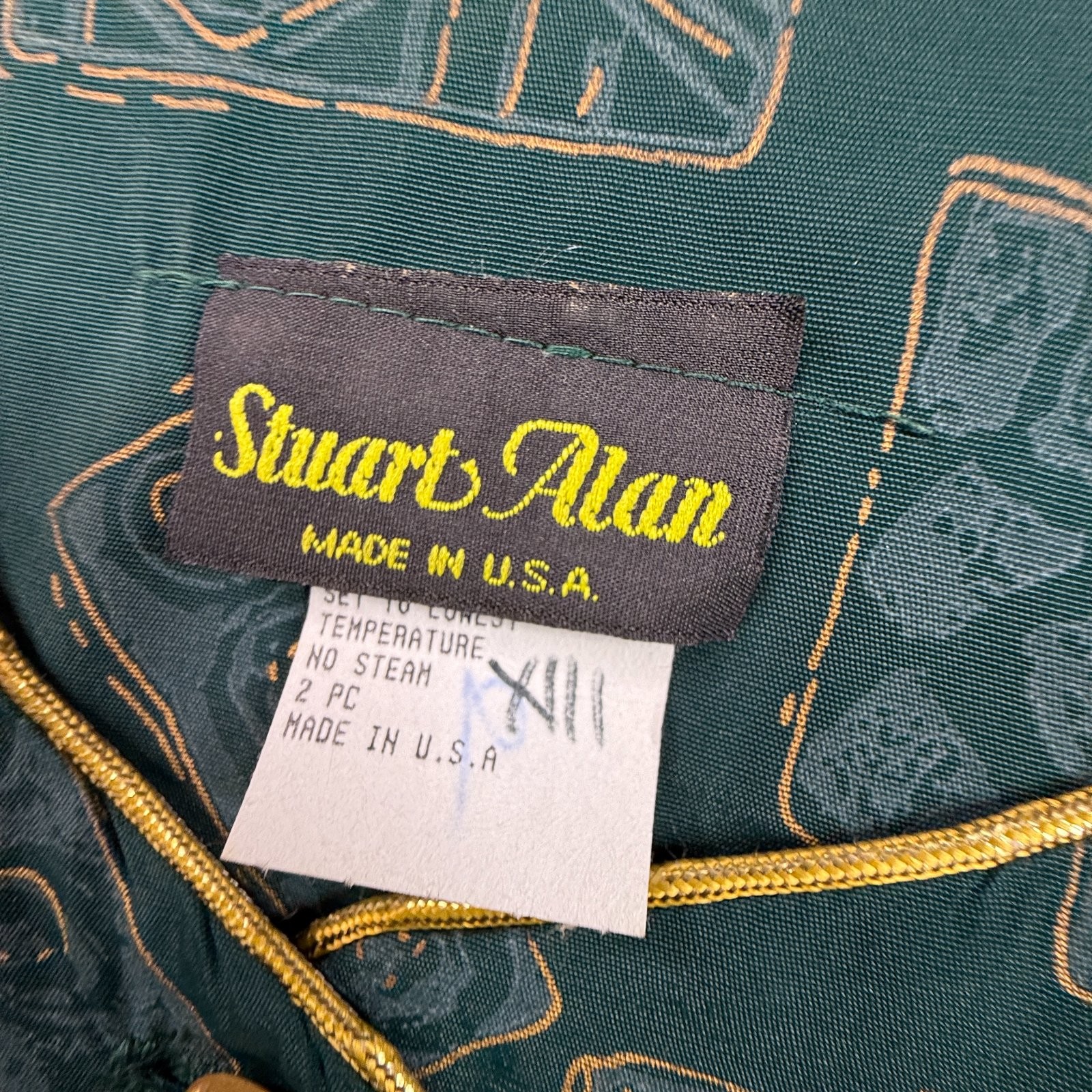 Stuart Alan Womens 16 Vintage 80s Button Up Blouse Green Gold Geometric Print