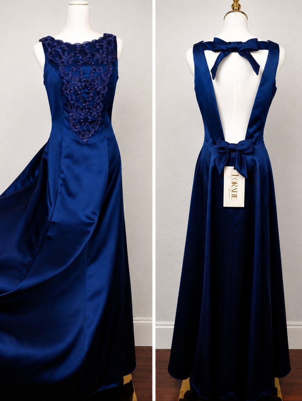Vintage 80s 90s Loralie Original Navy Satin Open Back Bow Prom Gown 12
