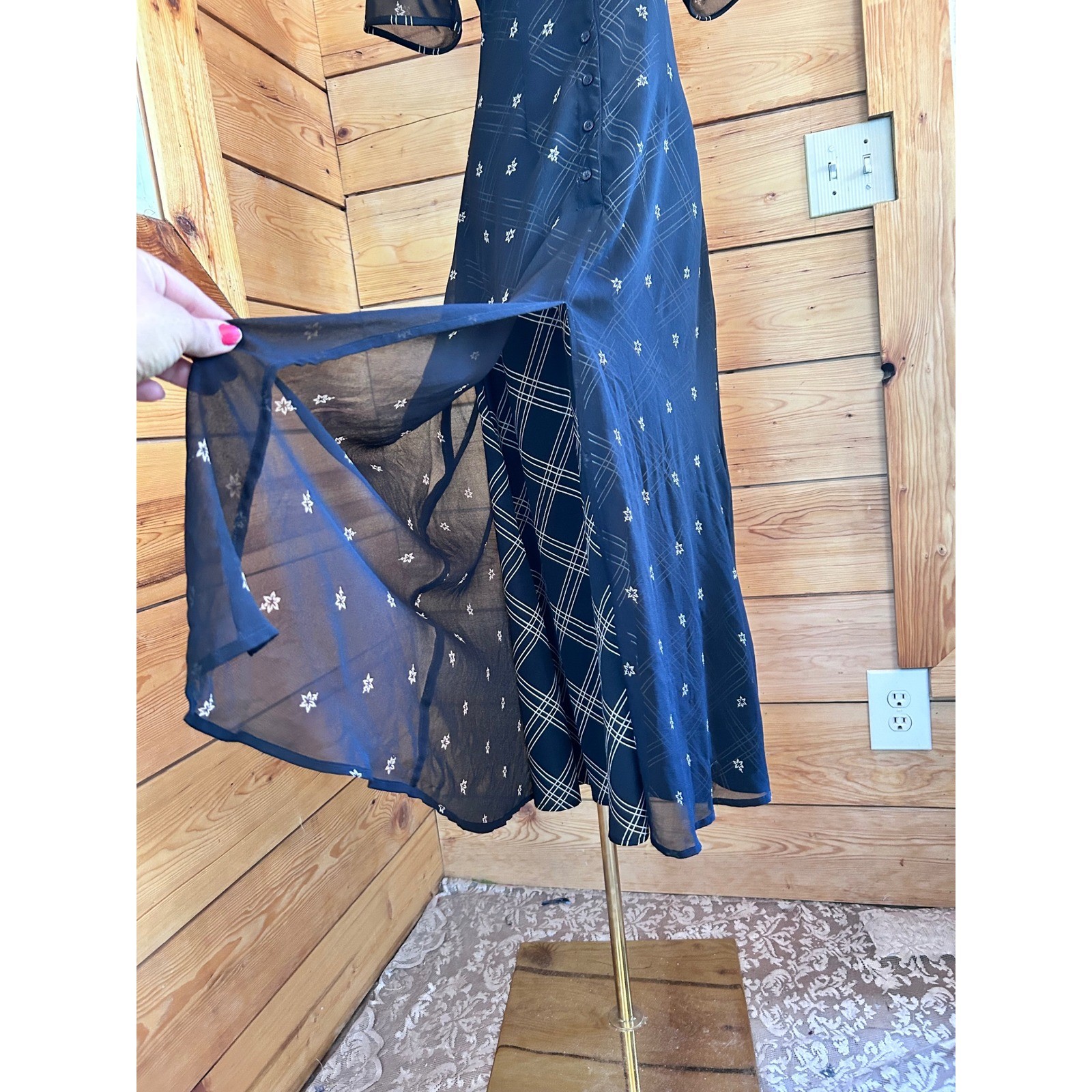 Vintage Maxi Dress Womens Medium Black Plaid Mesh Duster East West Clothing Co