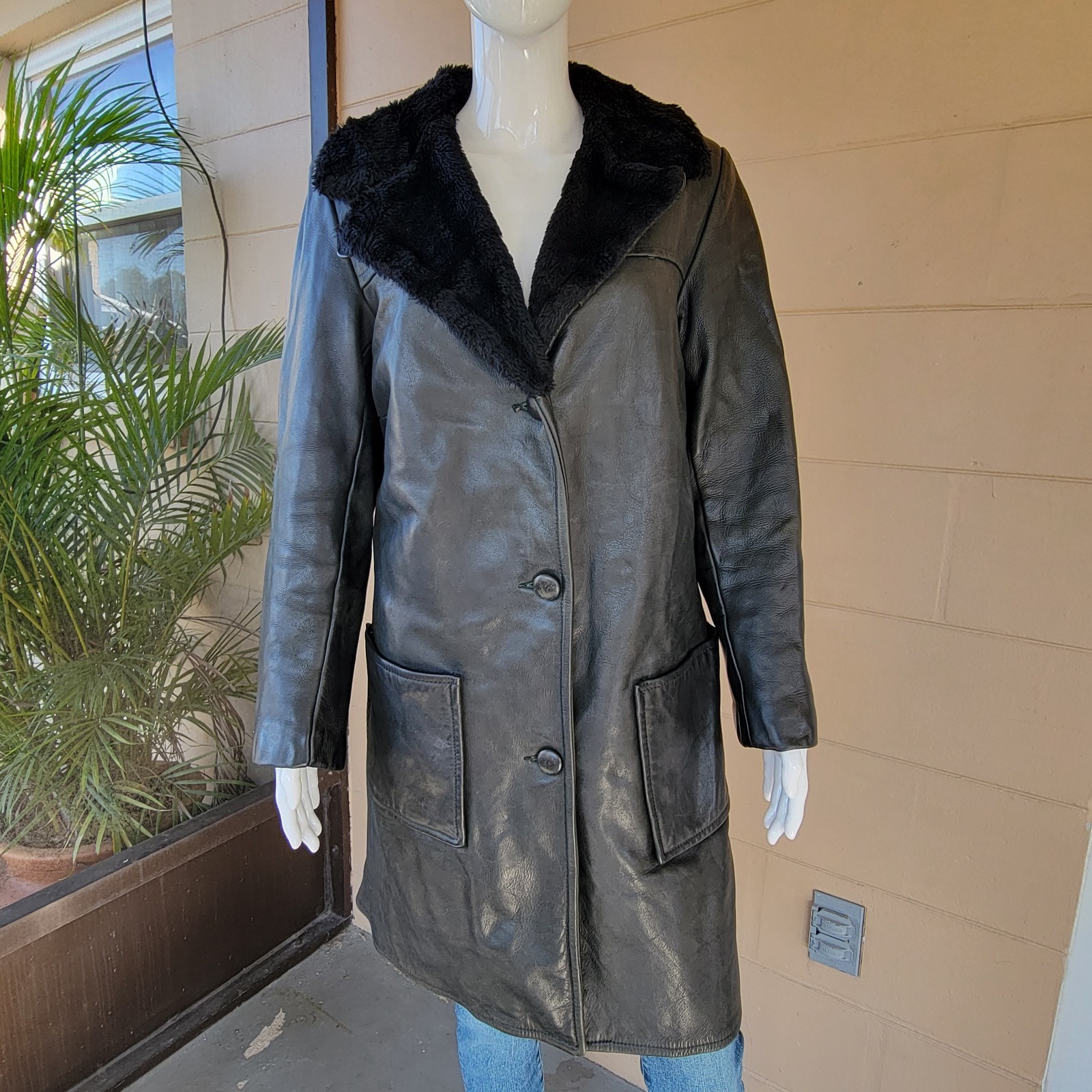 VTG 90 Leather Trench Coat Black Faux Fur Collar Women&rsquo;s L/XL Goth Matrix