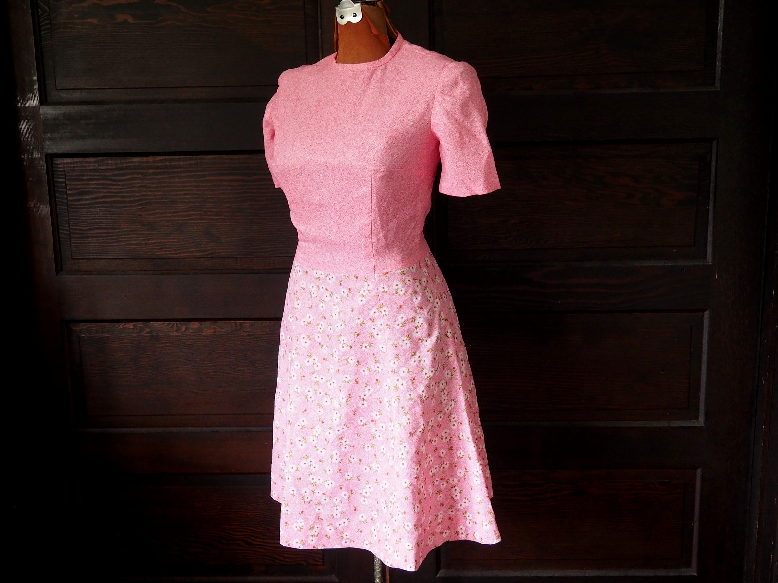 VTG 70s Pink Floral Summer Spring Garden Party Drop Waist A-Line Dress Zip Sz S