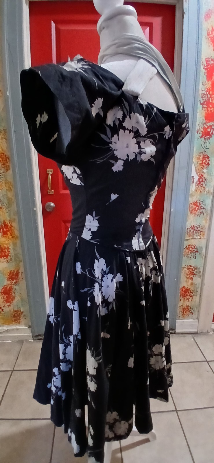 VTG 1950s Ann Marsh NY Fit To Flare Cotton Floral Scarf Neckline Day Dress XS