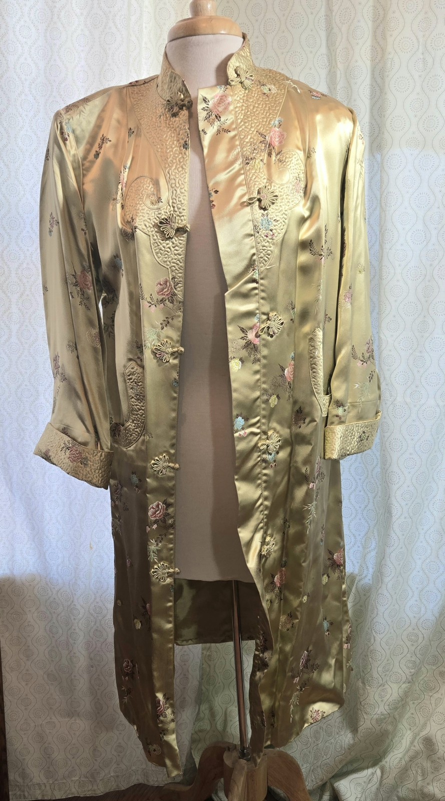 Chinese Brocade Embroidered Satin Frog Knots Long Duster Coat Tangzhuang 38 M