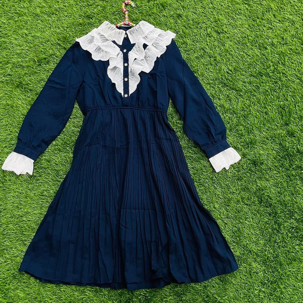 Vintage Pleated Ruffles Navy Dress