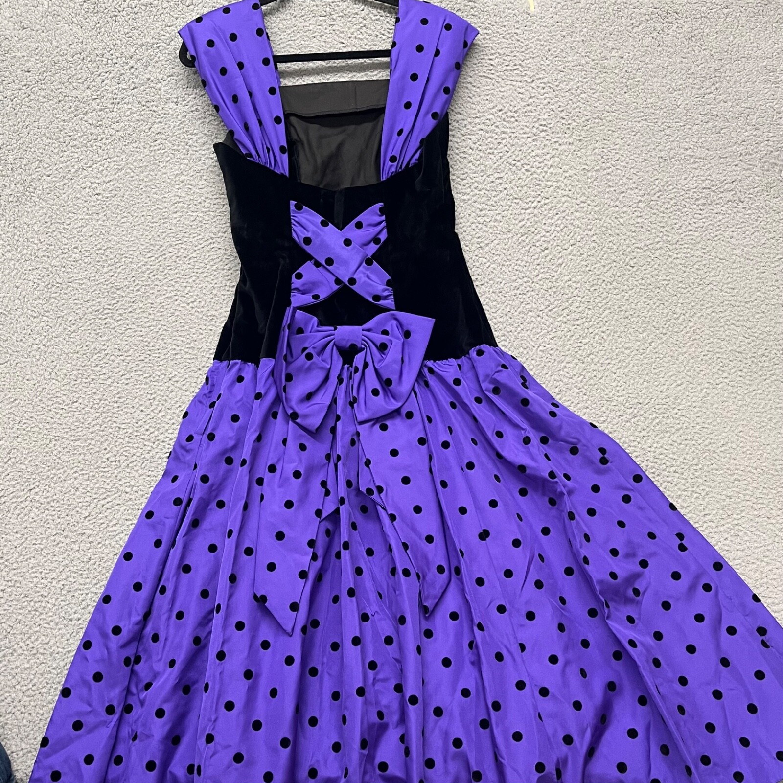 Vintage 80s Polka Dot Velvet Dress Womens 12 Purple Leslie Lucks Prom Party Bow