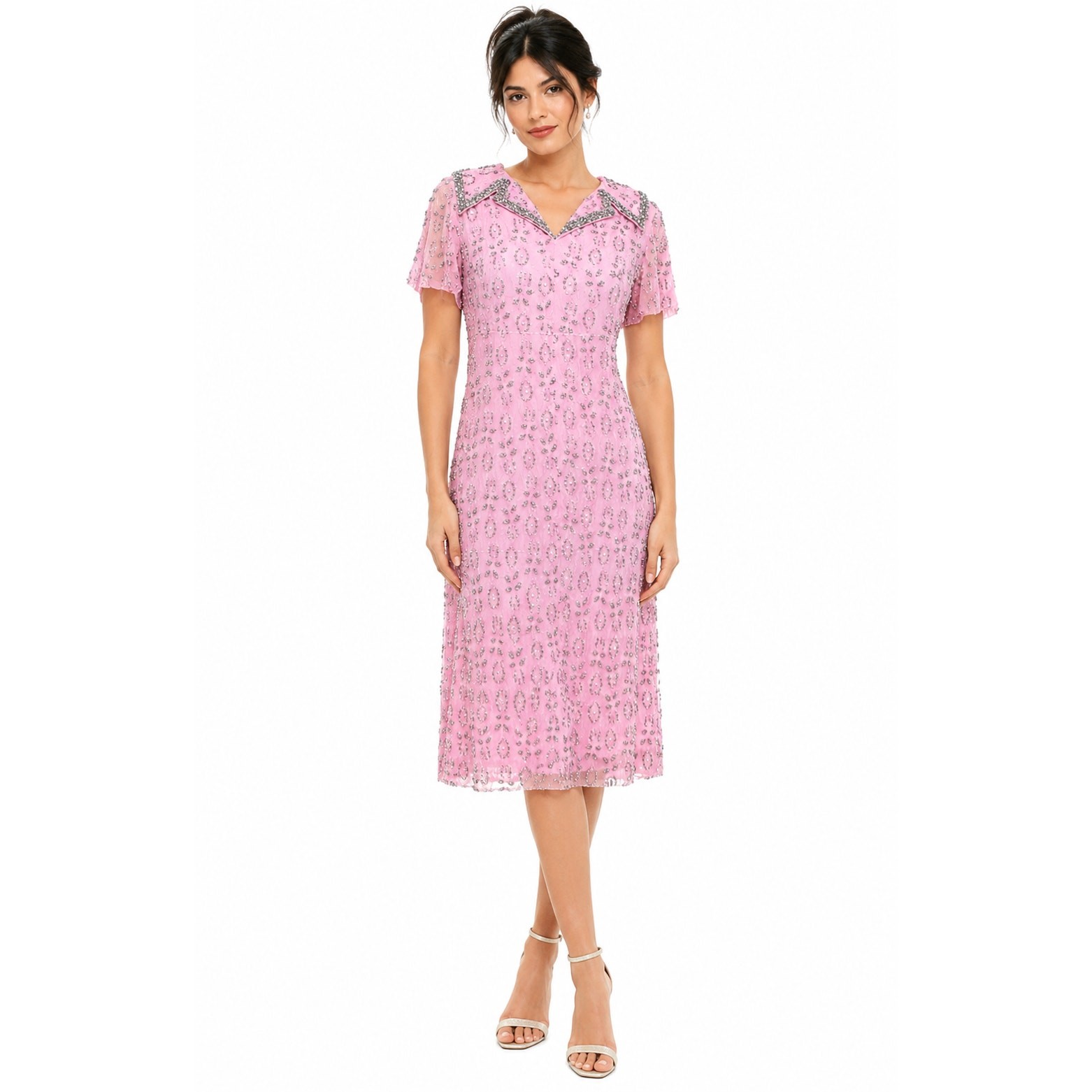 Vintage 70s Andora Hong Kong Pink Beaded Lace Sheath Dress Size 12