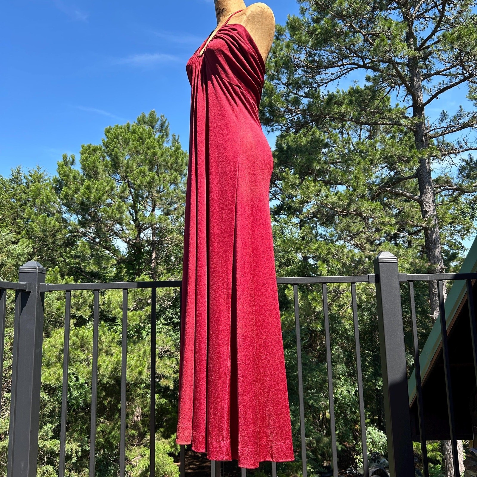 Vintage 70s Rusty Red Draped Gathered Grecian Empire Waist Flowy Maxi Dress S