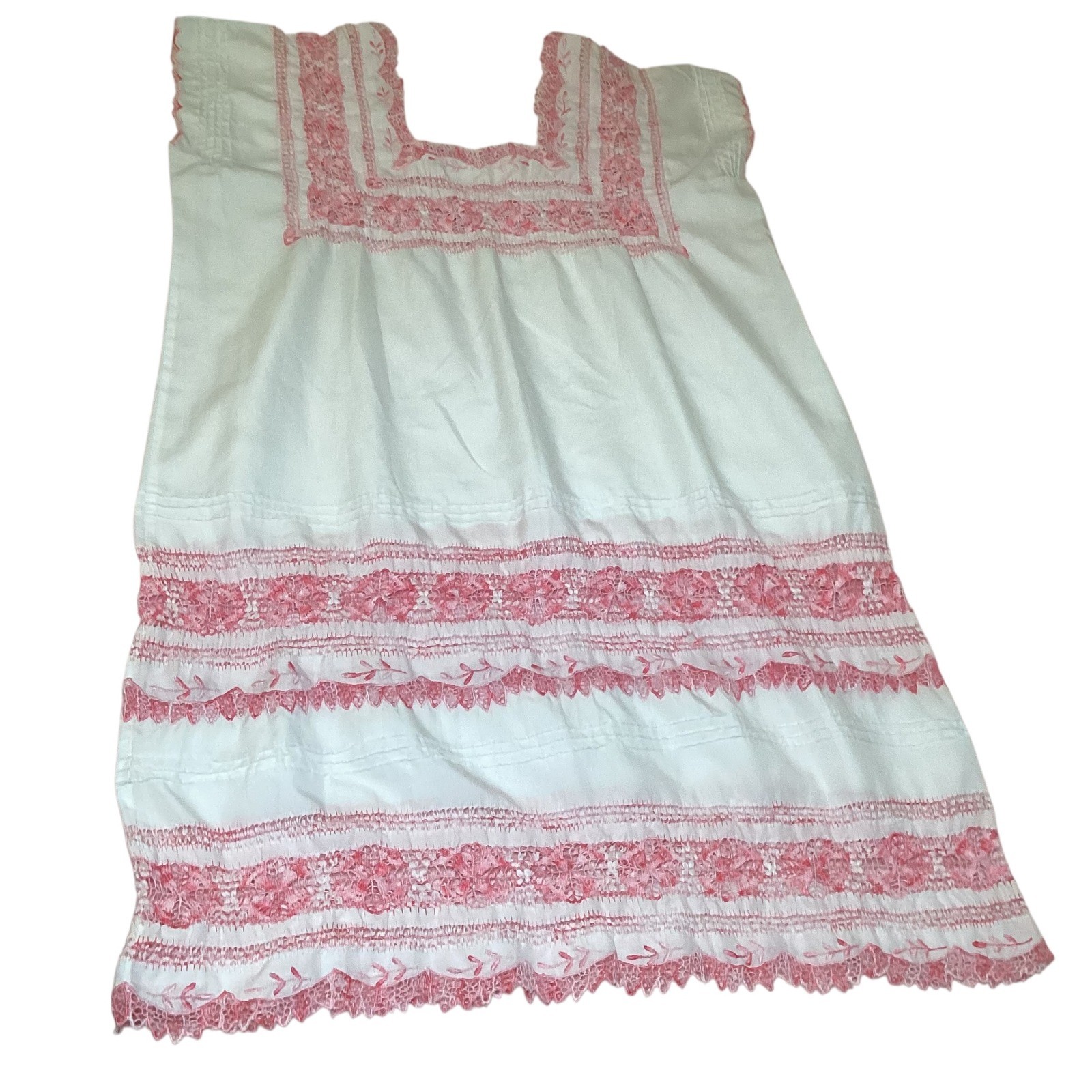 Vintage Mexican Huipil Dress White Pink Lace Floral Embroidery Square Neck 23×40