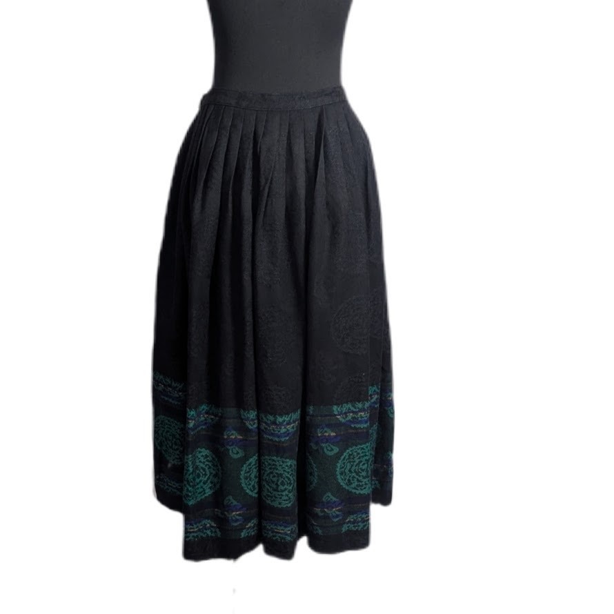 Vtg 80s Bianca Black Woven Wool Blend Pleated Midi Folk Skirt Fits Small B1