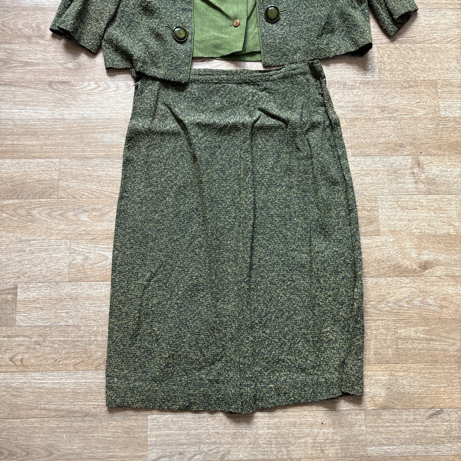 Vintage 1960’s Olive Green Tweed Long Straight Skirt 3 Piece Jacket Blouse M 60s