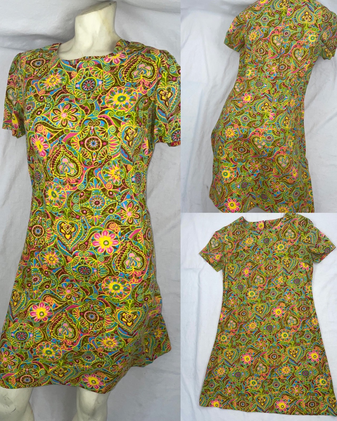 VTG 60S 70S WOMENS S GEOMETRIC MANDALA PRINT DISCO HIPPY BOHO RETRO DRESS