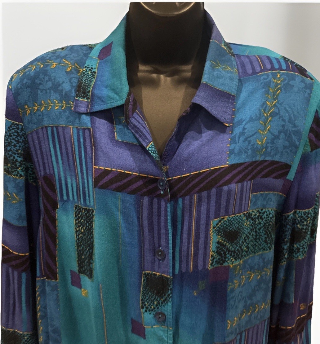 Vintage Blair Boutique Button Down Blouse 1980’s Blue Geometric Shoulder Pads A1