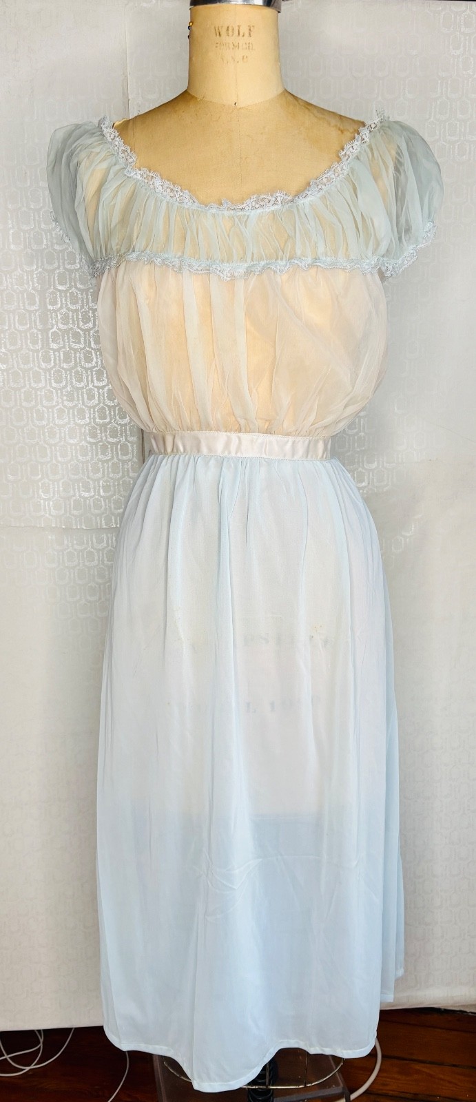 VTG NWT 40s SEAMPRUFE BABY BLUE SHEER CHIFFON PUFF NIGHTGOWN LINGERIE DRESS*36 S