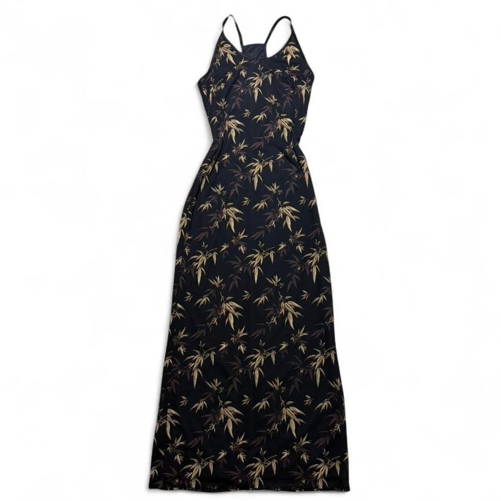 Vintage A.N.N.A Black maxi dress gold brown bamboo leaf print semi-formal S