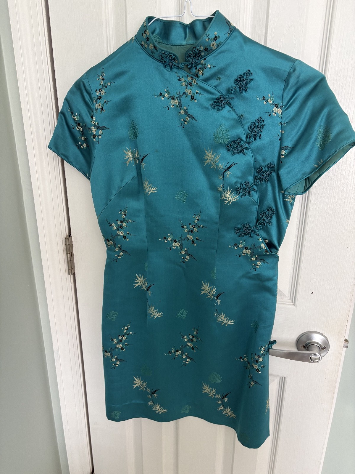 Dorothy Rose Vintage 1970s-1990s Teal Satin Chinese Cheongsam Dress size small