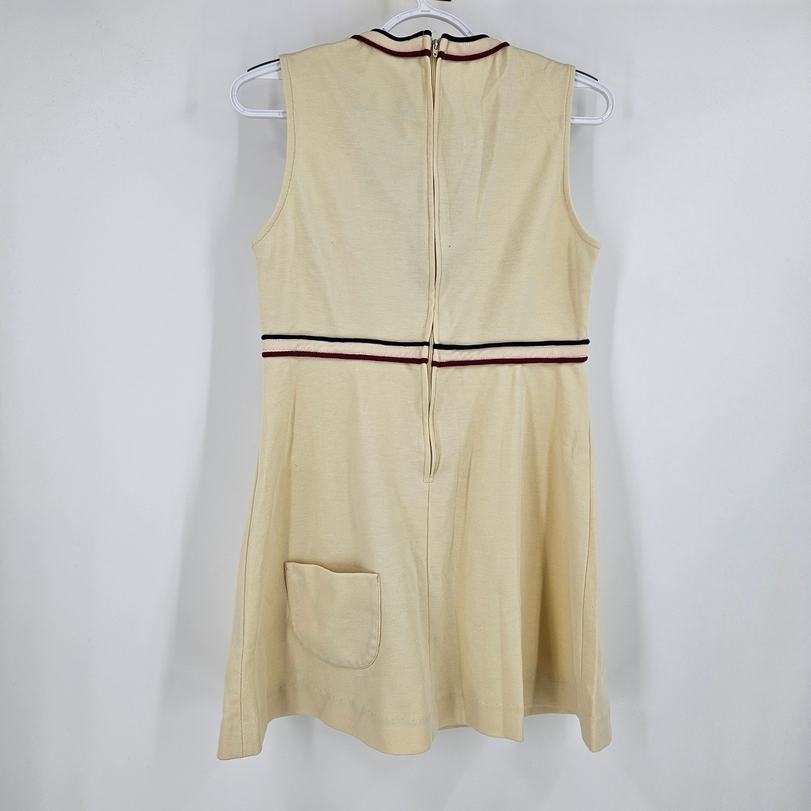 Vintage Spalding Tennis Dress Cream Yellow Striped Trim V-Neck Mini 70s Preppy S