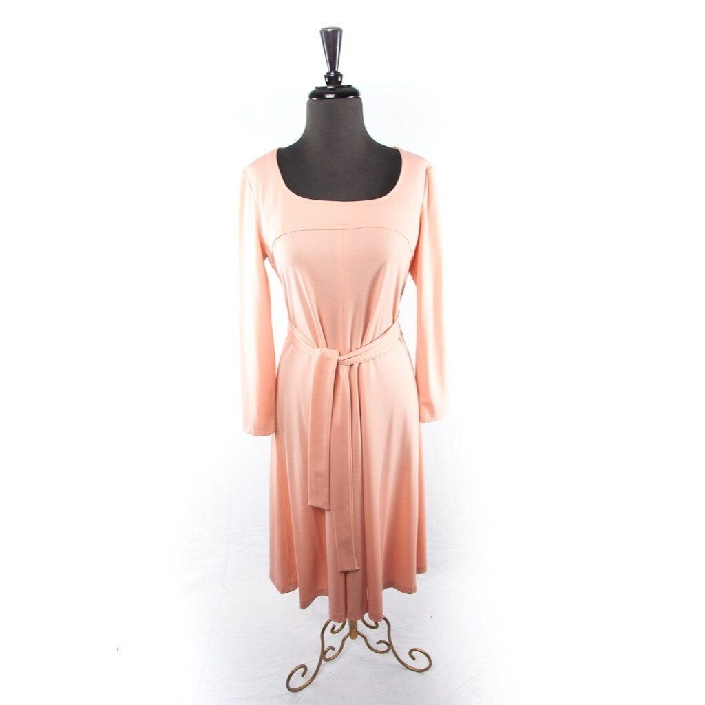 Peach Salmon Midi Dress Long Sleeve With Belt Size 11-12 Vintage 1970&rsquo;s No Label