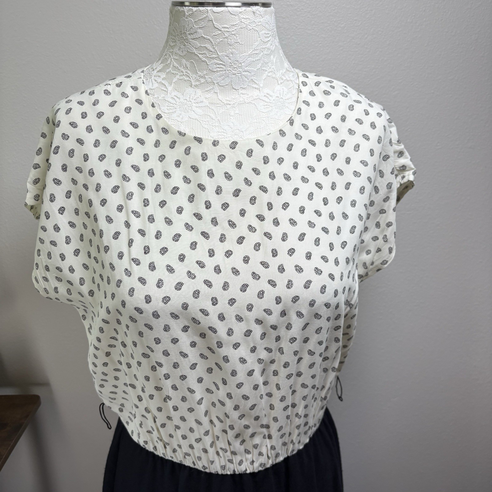Vintage ~80’s Stuart Alan USA Made Black White Paisley/Solid Midi Dress Size 14