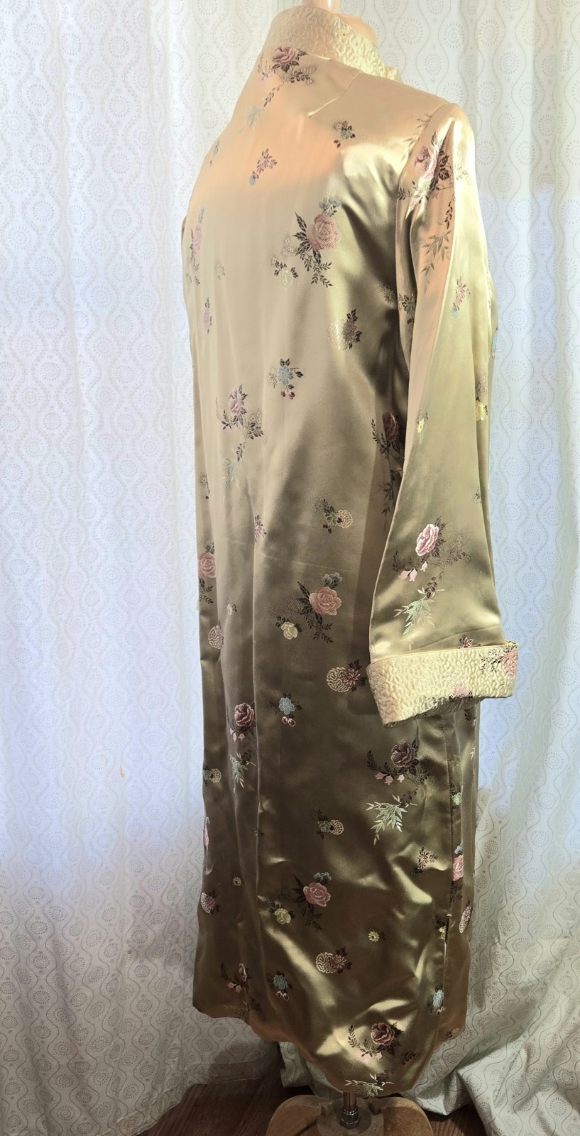 Chinese Brocade Embroidered Satin Frog Knots Long Duster Coat Tangzhuang 38 M