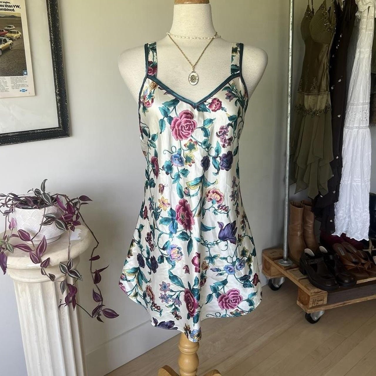 Vintage Floral Slip Dress 80s satin mini dress