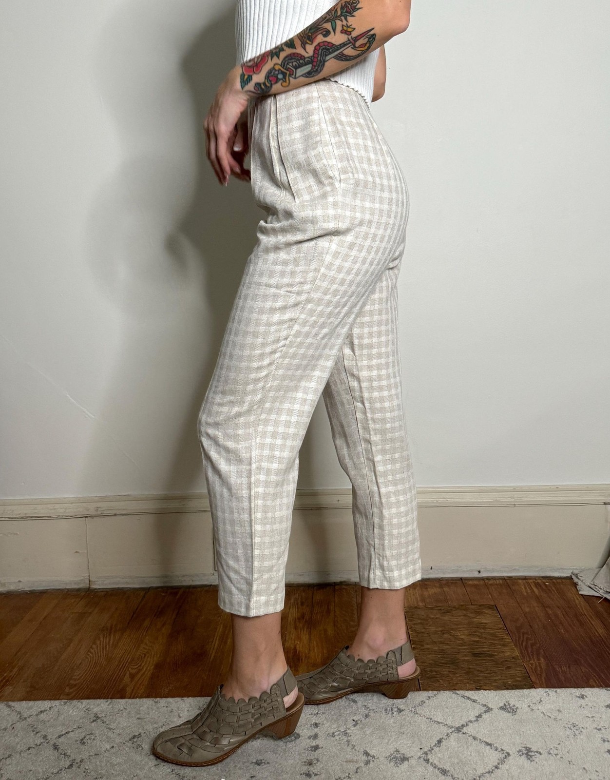 vintage 80s high waisted pleated womens pants / linen trousers / checked slacks