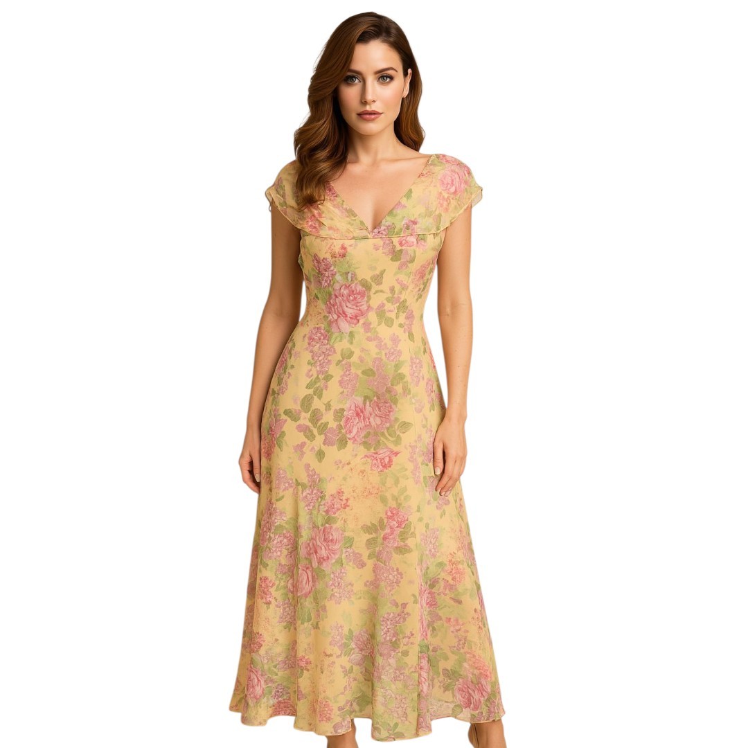 Miss Dorby 90s Buttercream Chiffon Floral Maxi Dress – Size 16