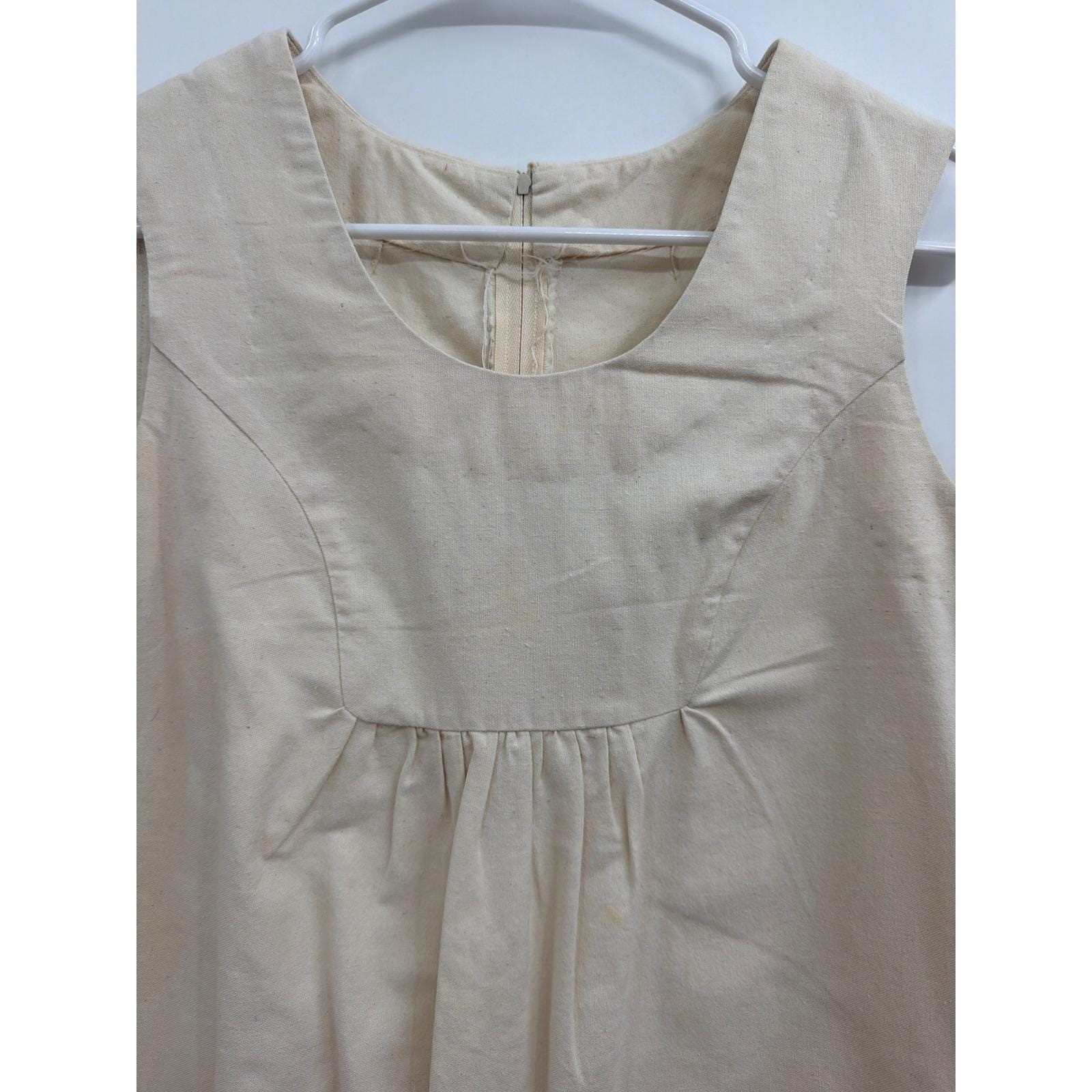 Vintage Handmade Folk Border Print Shift Dress Cream Sleeveless Mini 1960s 70s