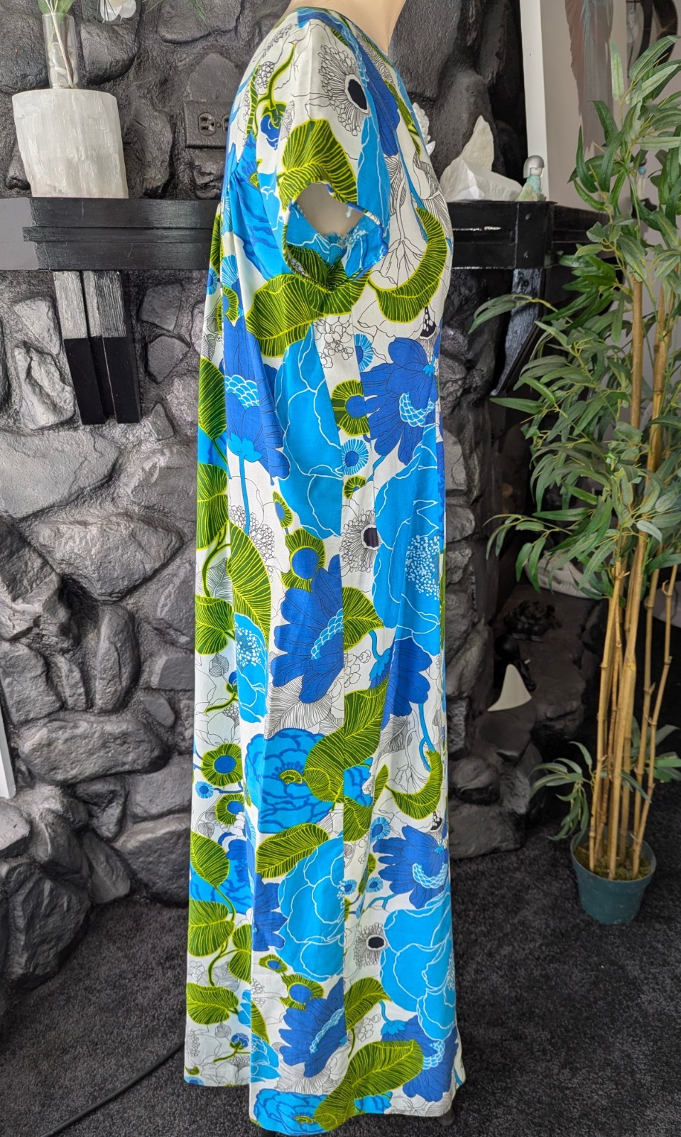 Vintage Lauhala 1970s Hawaiian MuuMuu Aloha Dress Ankle Maxi Sz 10 Blue Train