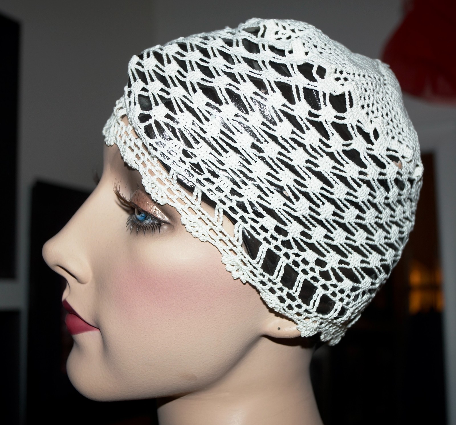 Vintage Crocheted Boudoir Night Cap Sleep Cap Bonnet & Matching Drawstring Bag